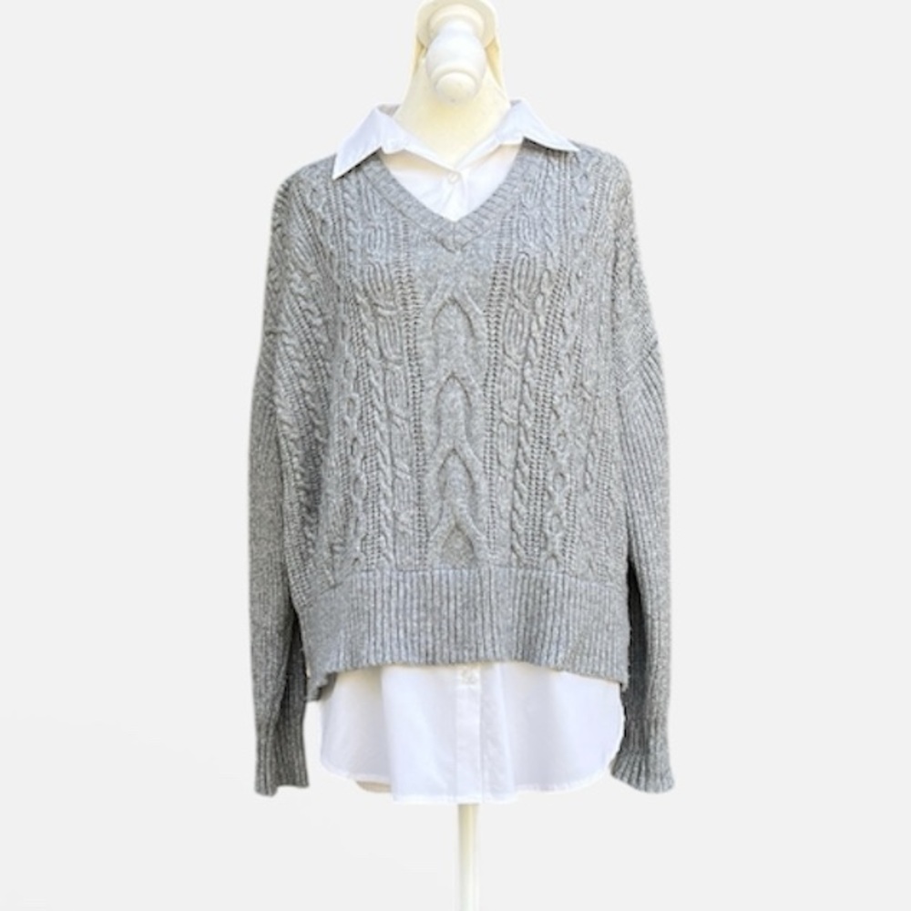 Rachel Zoe Layered Look Sweater w/Collared Button Down in Gray/White Sz M